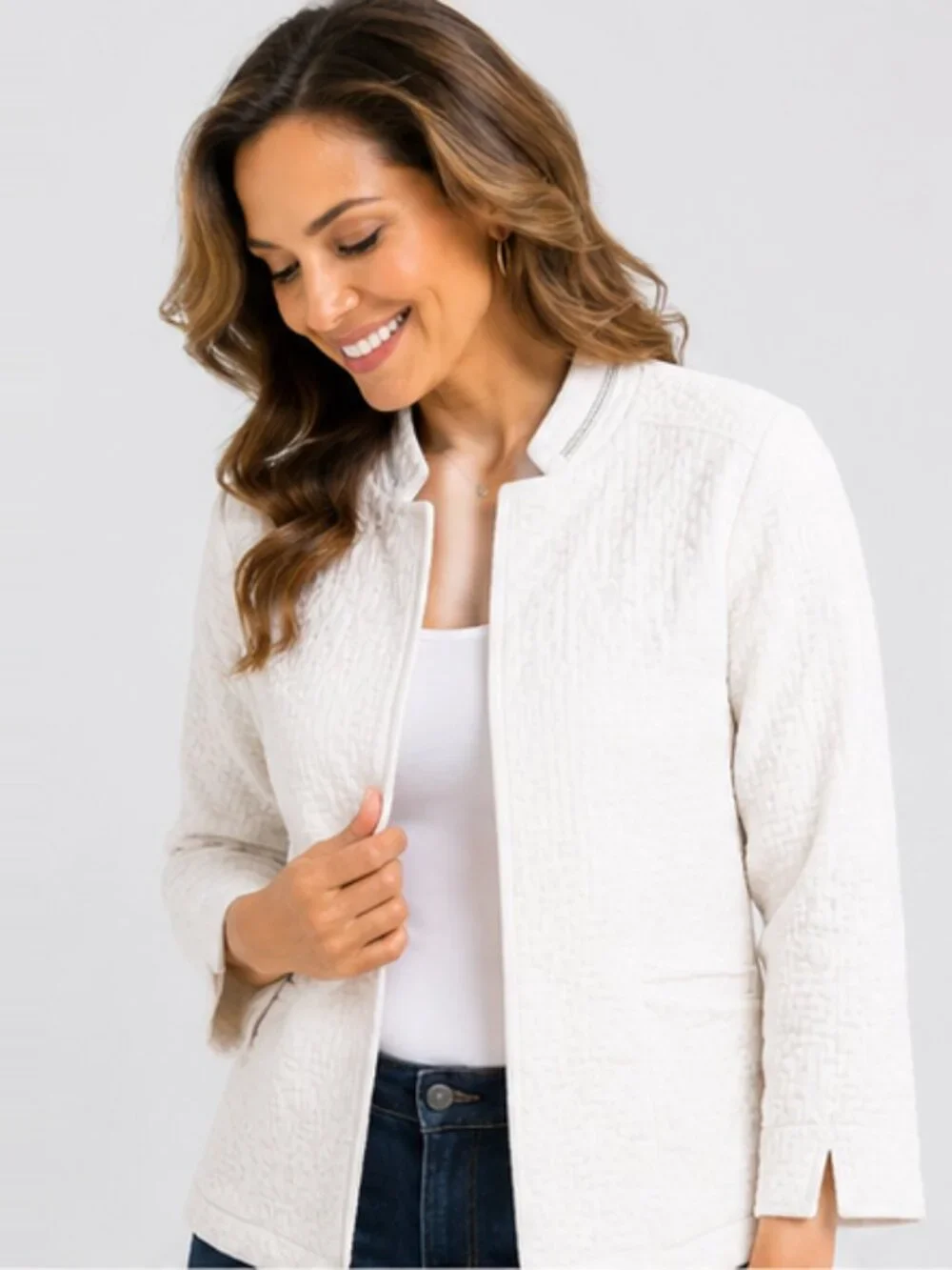 NWT Onque Casual Marina Day Trip Fly-Away Texture Jacket W/Rhinestone Collar 2XL